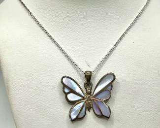 .925 Sterling Silver Abalone Butterfly Pendant Necklace
