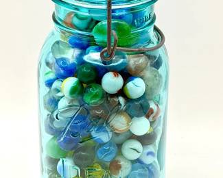 Vintage Glass Marbles in a Blue Bell Mason Jar