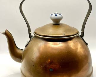 Copper Tea Kettle with Blue & White Porcelain Handle