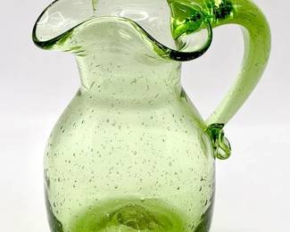 Hand Blown Vintage Green Glass Pitcher
