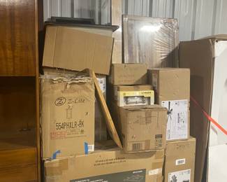 2 butcher block countertops, vanity, many light fixtures