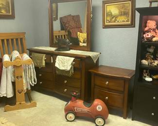 Radio Flyer, dresser set, cabinets with lights, Boyds Bears, Queen bed