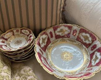 Antique hand painted Nippon serving bowl and 6 berry bowls