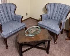 2 Upholstered Soft Blue WingBack Chairs and Small Table