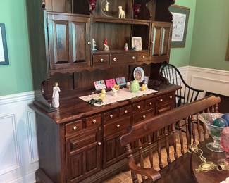 Ethan Allen Old Tavern Pine Hutch with matching table, leaf, bench and four chairs,