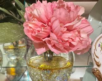 Artificial Pink Peony in Faceted Glass Vase with Decorative Fillers