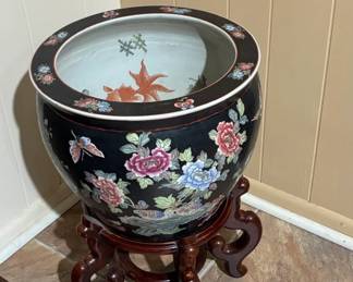 Chinese Famille Noire Porcelain Fish Bowl with Wooden Stand