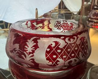 Bohemian Ruby Red Cut to Clear Crystal Bowl with Stag and Floral Motif