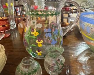 HandPainted Floral Glass Pitcher and Bud Vases