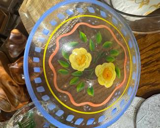 HandPainted Glass Serving Bowl with Floral Motif second image