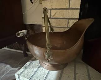 Antique Copper Coal Scuttle or Hod with Lion Head Mounts and Delftstyle Ceramic Handles