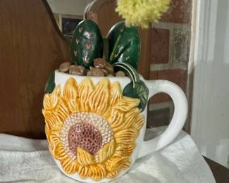 Sunflower and Cactus Ceramic Mug Planter