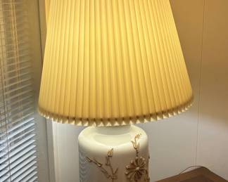 Vintage White Ceramic Table Lamp with Gold Floral Appliqus and Pleated Shade