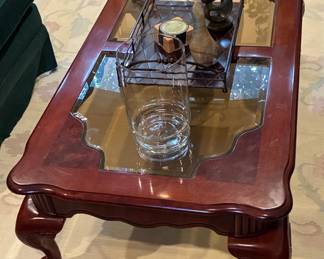 Ornate Mahogany Coffee Table with Glass Insets