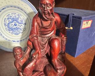 Chinese Wooden Figurine of Fisherman with Child and Fish