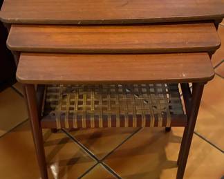 MidCentury Modern Nesting Tables with Woven Shelf