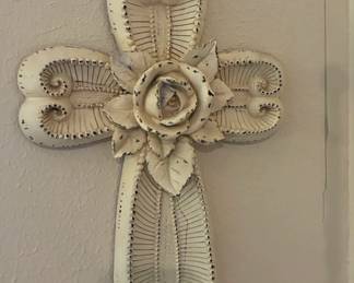 Distressed White Metal Wall Cross with Rose
