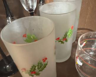 Vintage Frosted Glass Tumblers with Holly and Berries Design by Bartlett Collins or Indiana Glass
