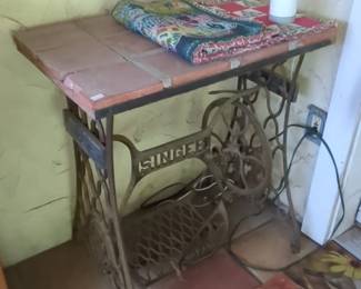 Antique Singer Treadle Sewing Machine Base with Tiled Top