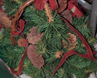 Artificial Christmas Wreath with Pinecones and Red Ribbon