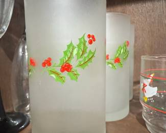 Vintage Frosted Glass Tumblers with Holly and Berries Design by Bartlett Collins or Indiana Glass second image