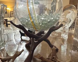 Large Glass Bowl with Driftwood Stand and Glass Beads