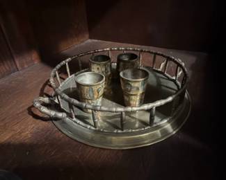 Vintage Abalone and SilverPlated Shot Glass Set with Tray