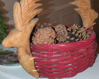 HandCarved Wooden Deer Handle Basket with Pinecones