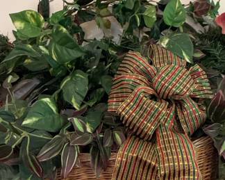 Artificial Christmas Arrangement with Pothos, Pine Sprigs, Wicker Basket, and Plaid Bow