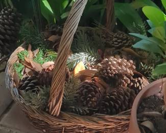 Wicker Basket with Pinecones and Greenery