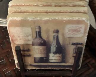 Vintage Ceramic Coaster Set with Wine Bottle Motif