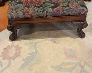 Floral Tapestry Upholstered Ottoman with Carved Wooden Legs