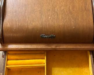 Vintage Wooden Jewelry Box with Hinged Lid and Drawers third image