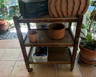 Rustic ThreeTier Wooden Cart with Decorative Pumpkin and CD Player