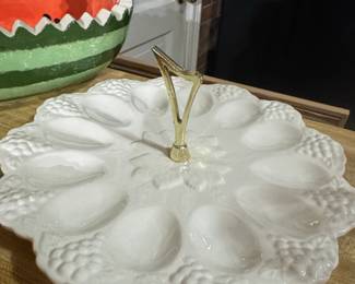 White Ceramic Oyster Plate with Grape Cluster Border and Gold Tone Handle
