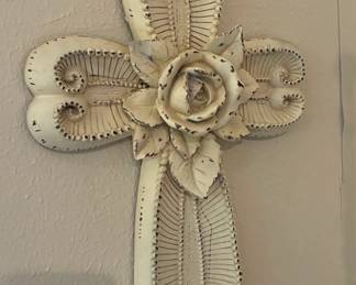 Distressed White Rose Wall Cross