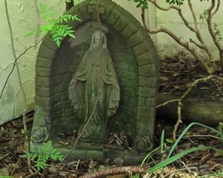 Vintage Concrete Virgin Mary Garden Statue with Niche and Rose Carvings