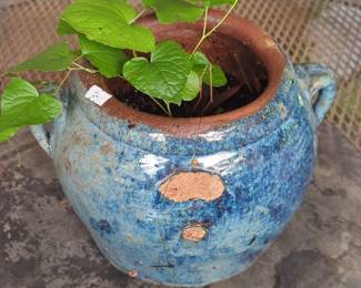 Blue Glazed Ceramic Pot with Handles