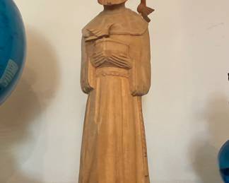 Vintage HandCarved Wooden Statue of Saint Francis with Bird, possibly Puerto Rican Folk Art