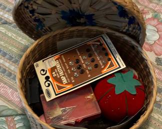 Woven Straw Sewing Basket with Contents