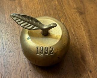 Brass Apple Paperweight with Leaf Stem and Engraving