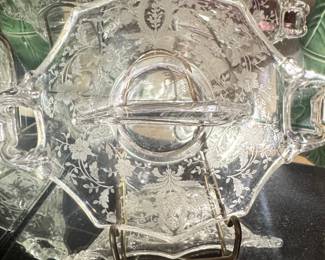 Etched Glass Footed Cake Stand with Handles