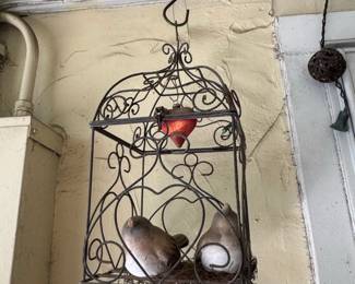 Vintage Wrought Iron Bird Cage with Heart and Ceramic Birds