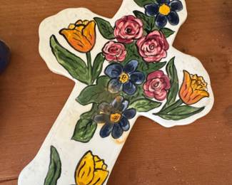 Lindy Neuhaus Pottery HandPainted Floral Cross