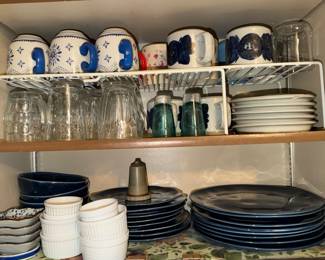 Blue Lenox everyday dishes, and a few Arabia mugs hiding