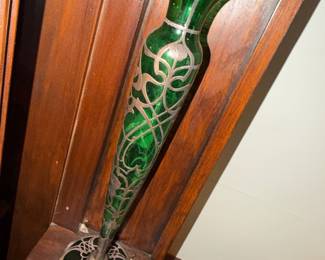 Pair of Green Vase Art Glass with Silver overlay (Alvin?) Wow!