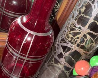 Ruby Glass Decanter w/ Silver overlay, gorgeous!