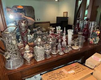 Impressive collection of Lovely Antique sterling Silver Overlay Bottles and Decanters