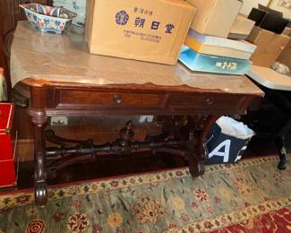 Ornate Console table, Gothic or Renaissance revival style, inlaid on top (see next pix)