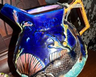 Majolica Fish jug with description on tag Signed K on base (George Jones or Minton, English reg mark)